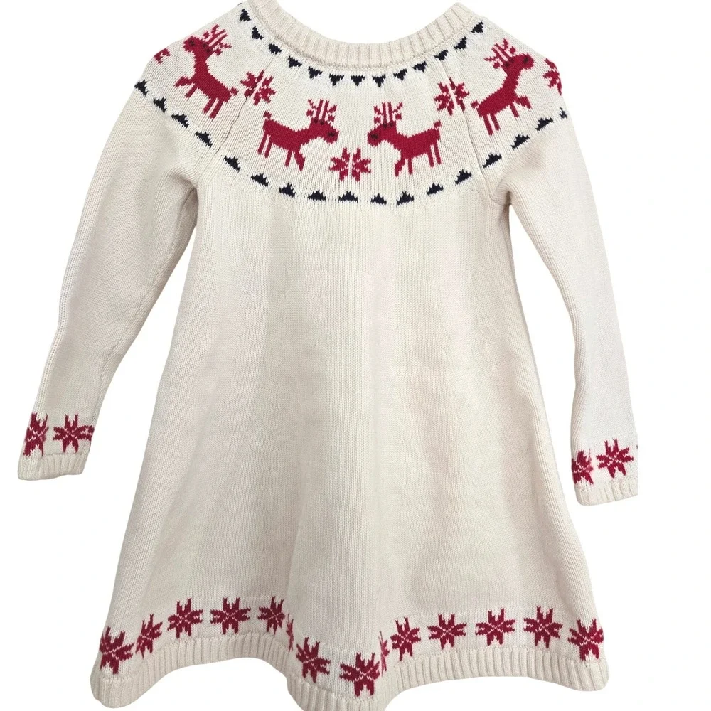 Hanna Andersson Girls Reindeer Fair Isle Sweater Dress White Red Size 100 US‎ 4T